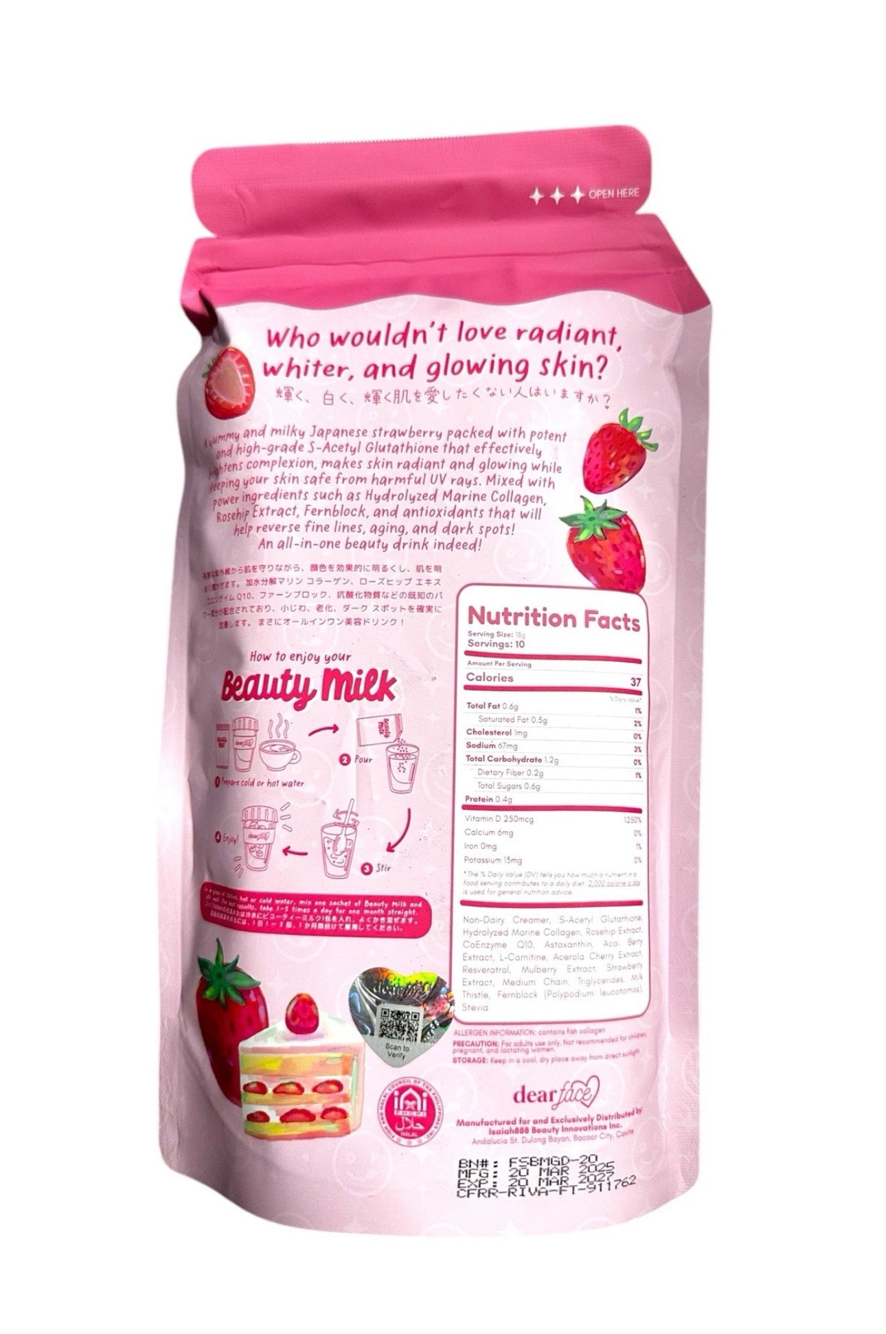 Dear face Beauty Milk Premium Japan Strawberry Glutathione Drink
