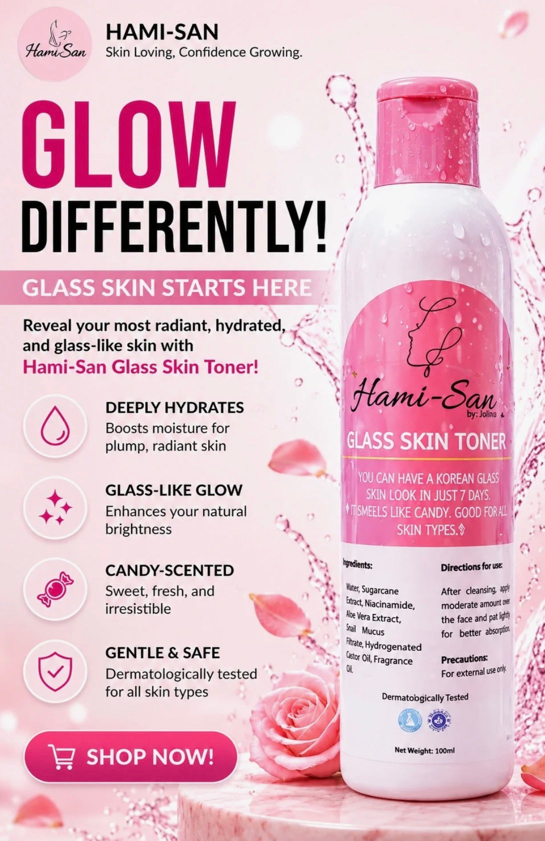 Hami-San Glass Skin Toner 100ml – Korean-Inspired Hydrating Facial Toner with Niacinamide, Aloe Vera & Snail Mucin for Smooth Radiant-Looking Skin