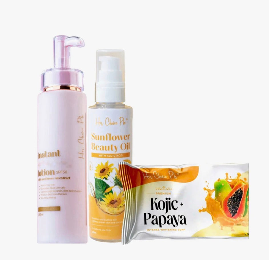 Her Choice PH Set C: Body Radiance Combo - Kojic + Papaya Soap, Instant Moisturizing Lotion with SPF 50, Sunflower Beauty Oil for Glowing Skin