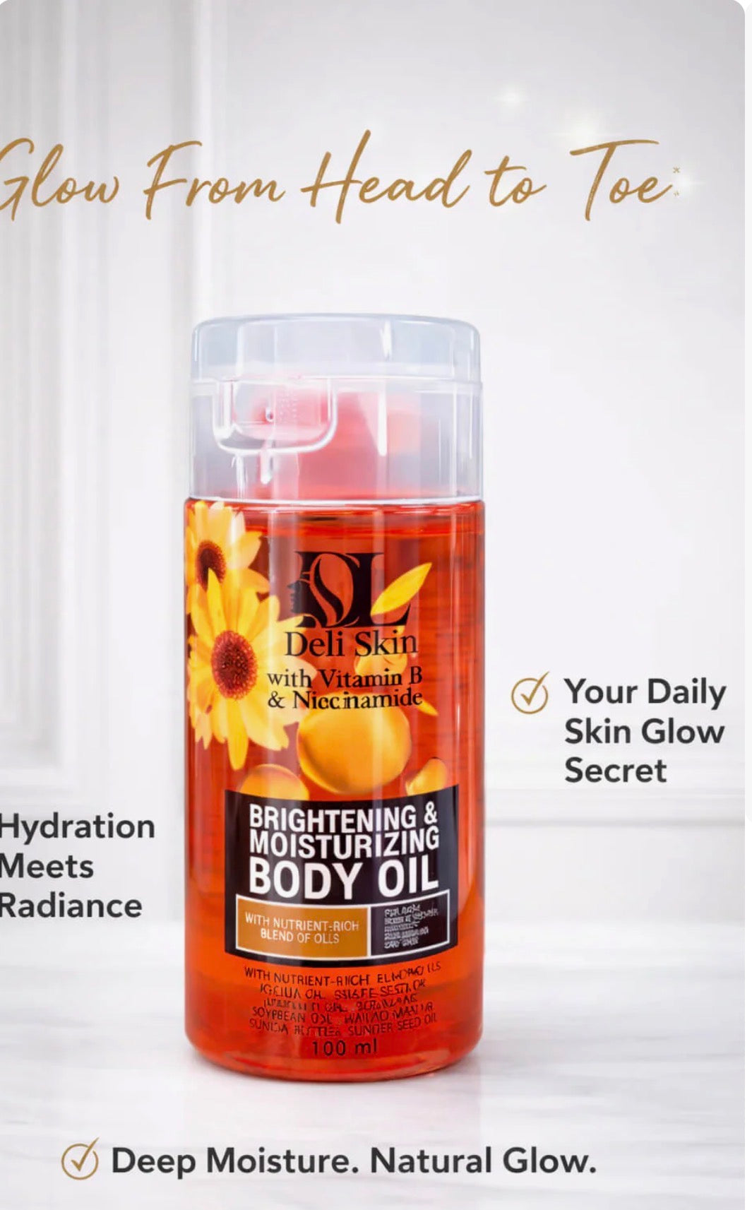 Deli Skin Brightening & Moisturizing Body Oil 100ml – with Vitamin E & Niacinamide, Lightweight Nourishing Body Oil for Smooth & Hydrated Skin