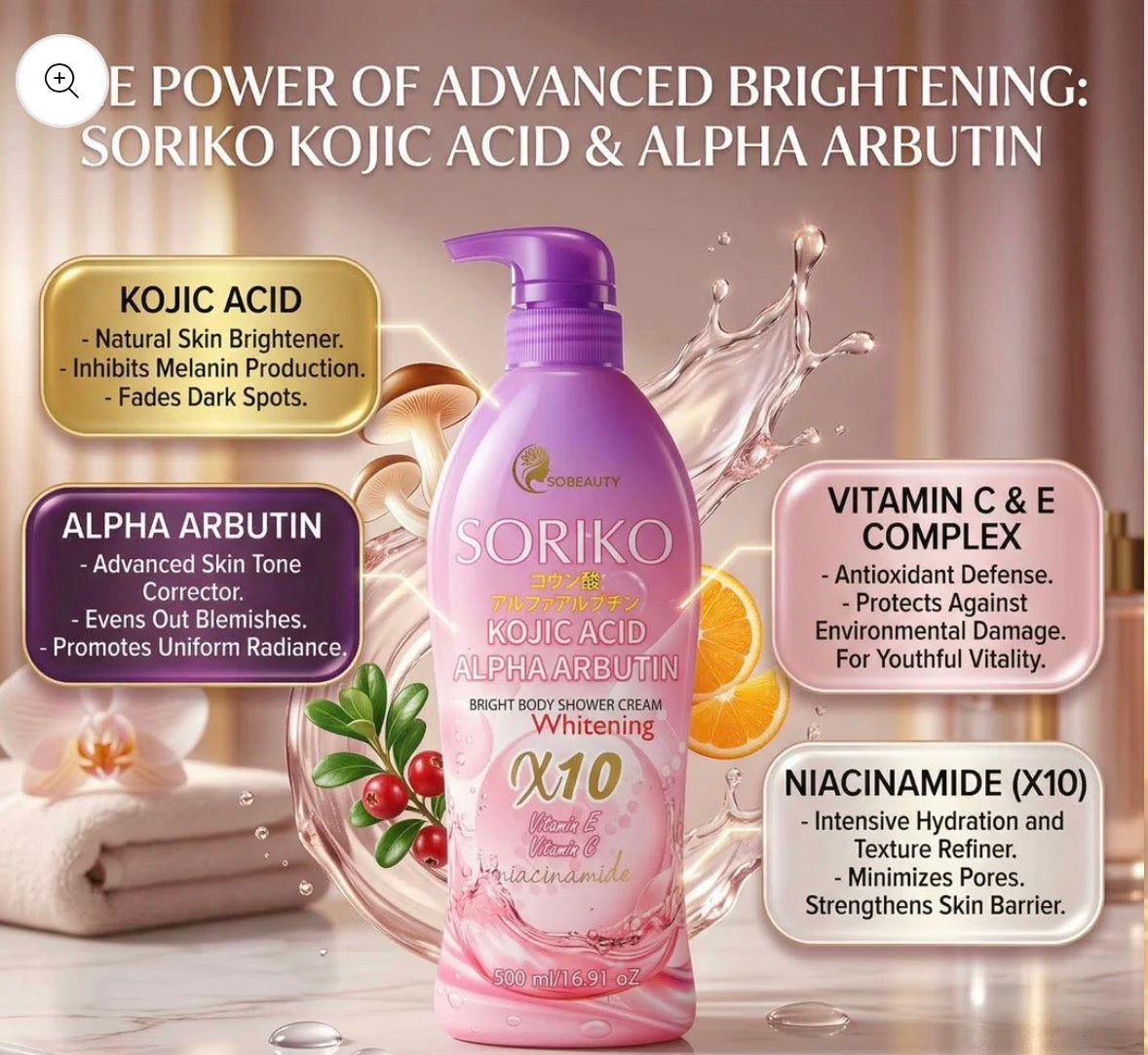 Soriko Kojic Acid Alpha Arbutin Bright Body Shower Cream 500ml