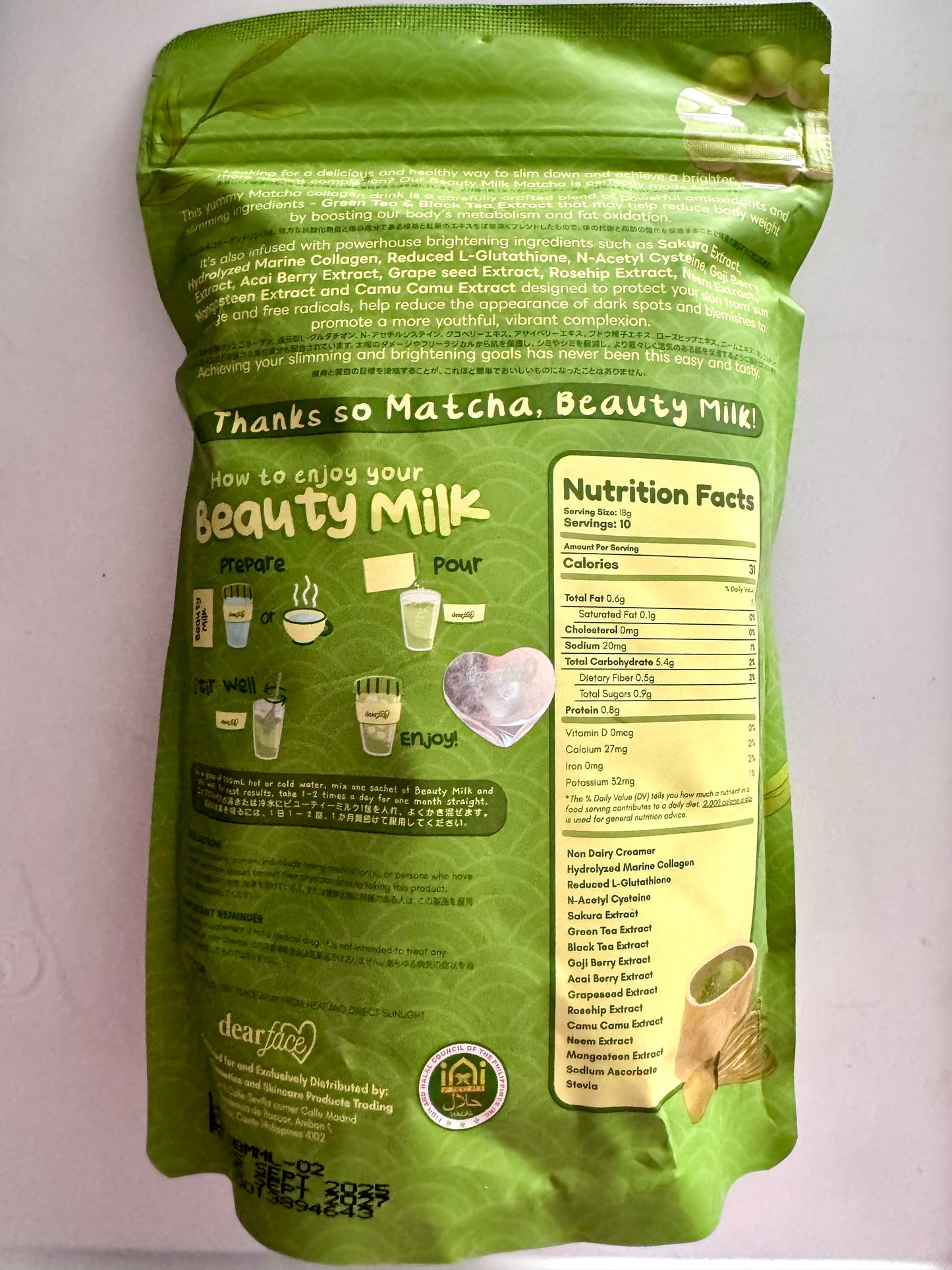 Dear Face- beauty Milk- Premium Japanese MATCHA Latte 180g