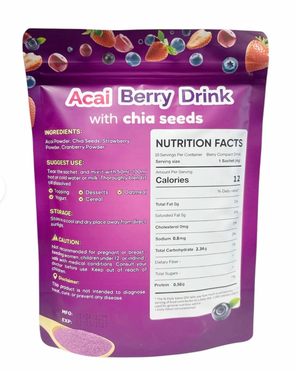 FITGUM Acai Berry Drink Powder with Chia Seeds – 10 Sachets