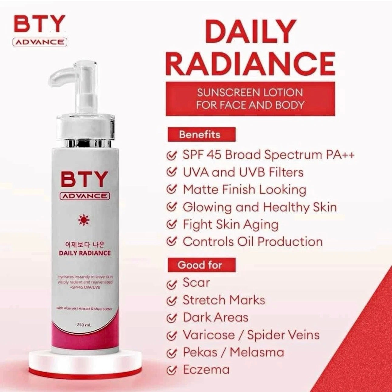 BTY Daily Radiance Sunscreen Lotion 250ml