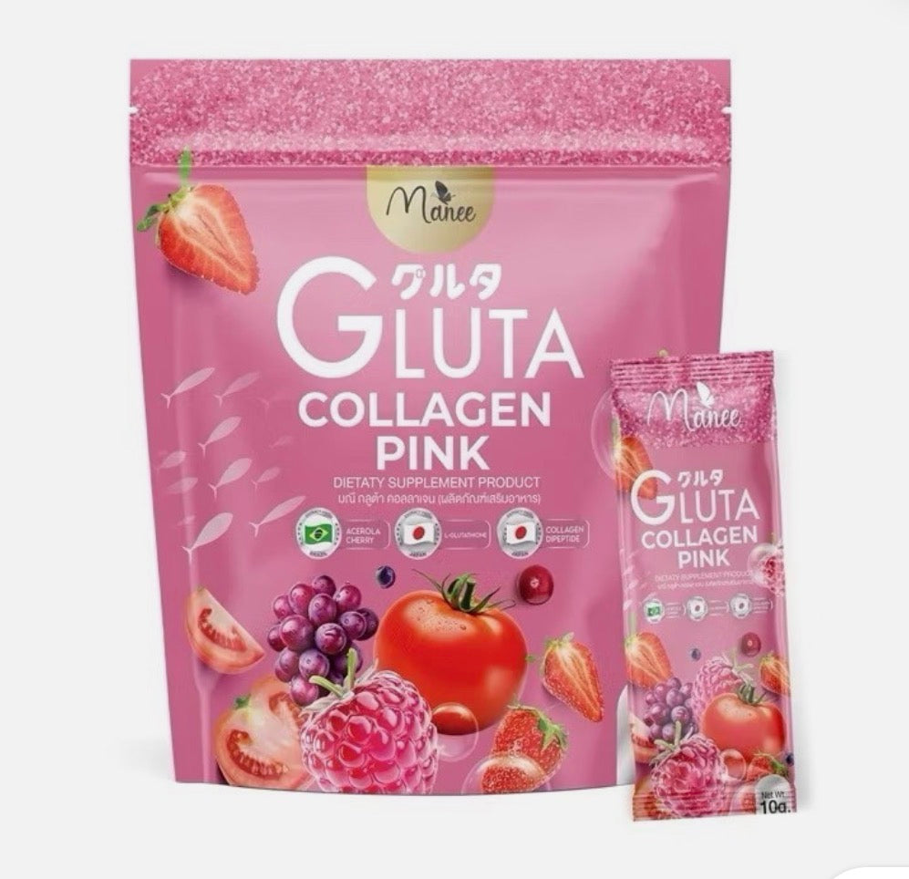 The Manee Gluta Collagen Pink supplement is typically sold as a box of 30 sachets, each weighing approximately 10 g, totaling 300 g per pack