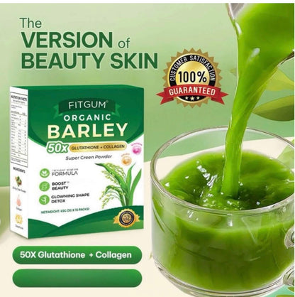 FitGum Organic Barley Powder Drink with Collagen & Glutathione – Daily Greens Supplement, 15 Sachets (3g Each), Premium Blend