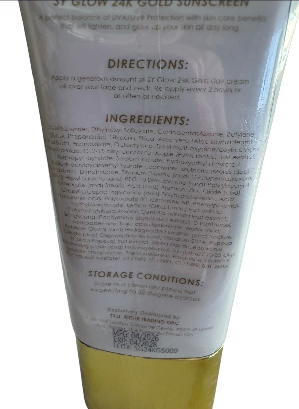 SY GLOW 24K GOLD SUNSCREEN SPF45+ Spectrum Niacinamide Ceramides 50ml