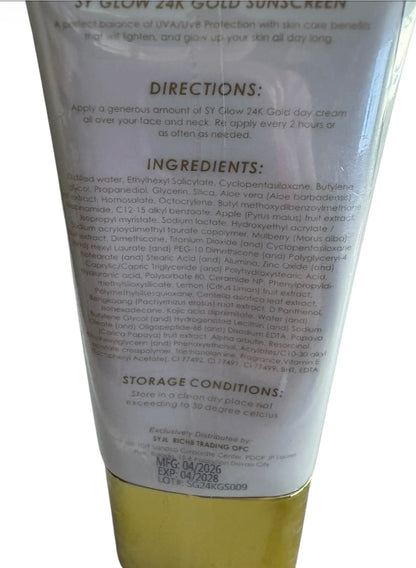SY GLOW 24K GOLD SUNSCREEN SPF45+ Spectrum Niacinamide Ceramides 50ml