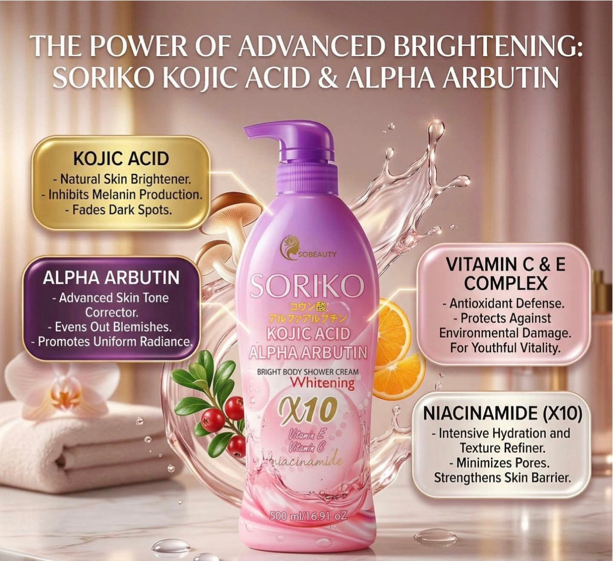 Soriko Kojic Acid Alpha Arbutin Shower Cream, 500ml