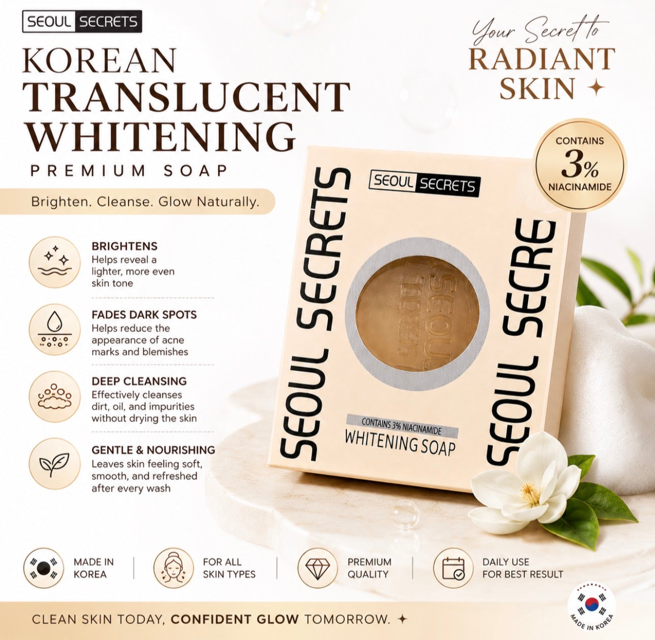 Seoul Secrets Korean Translucent Whitening Premium Soap with 3% Nicotinamide 80g