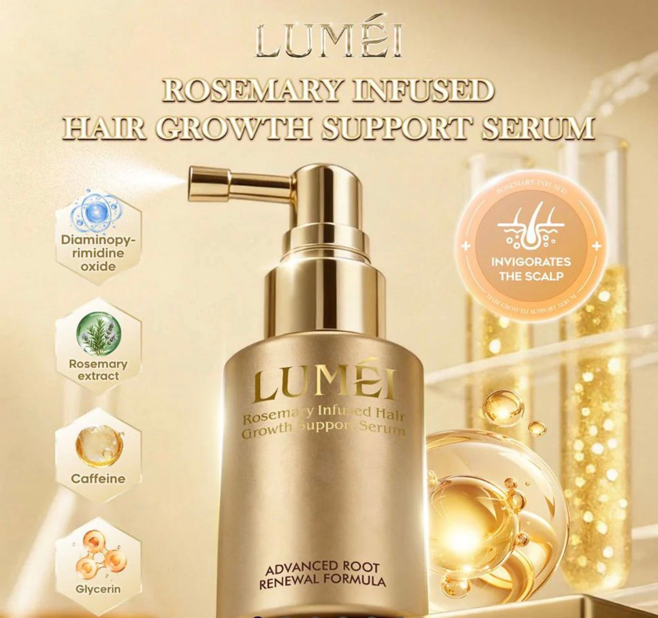 LUMÉI Rosemary Infused Hair Growth Support Serum Caffeine Glycerin Diaminopy-rimidine oxide Advanced Root Renewal Formula 30ml