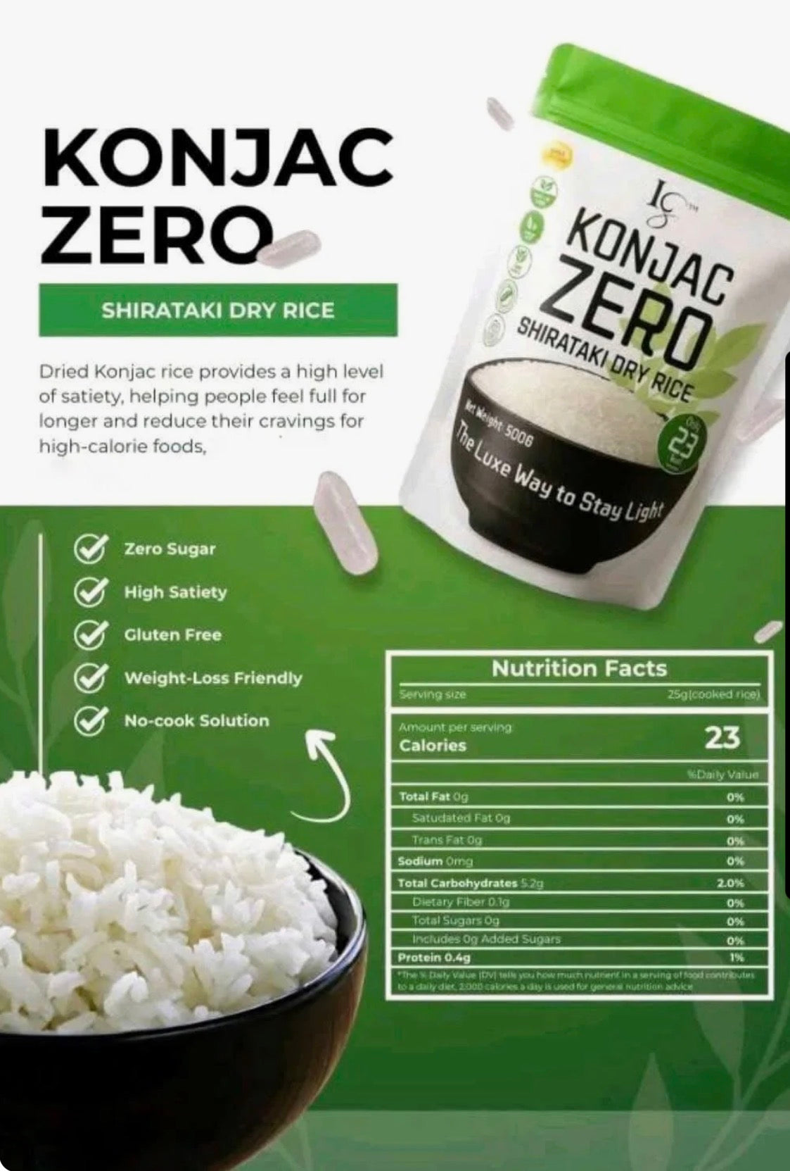 Luxe Slim KILO Pack Konjac Zero Shirataki Dry Rice – Low-Calorie Rice Alternative, Sugar-Free, Gluten-Free, Keto-Friendly, Made with Konjac Root Fiber