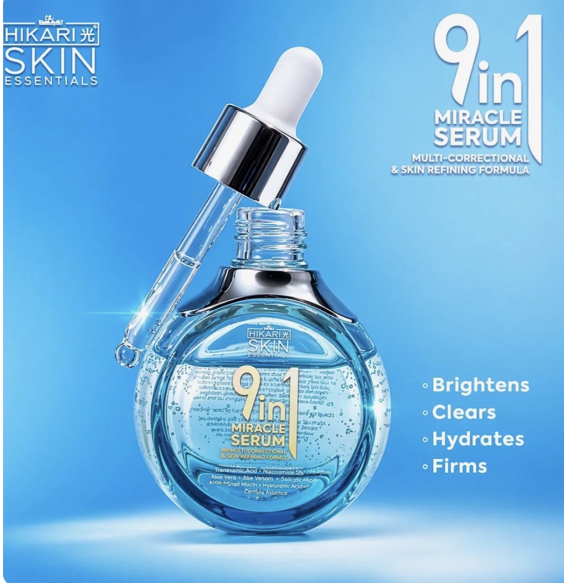 Hikari Skin Essentials 9-in-1 Miracle Serum 30ml – Multi-Correctional Skin Refining Formula with Niacinamide 5%, Tranexamic Acid 2%, Alpha Arbutin & Hyaluronic Acid | Hydrating, Smoothing & Radiant Skin Care Serum
