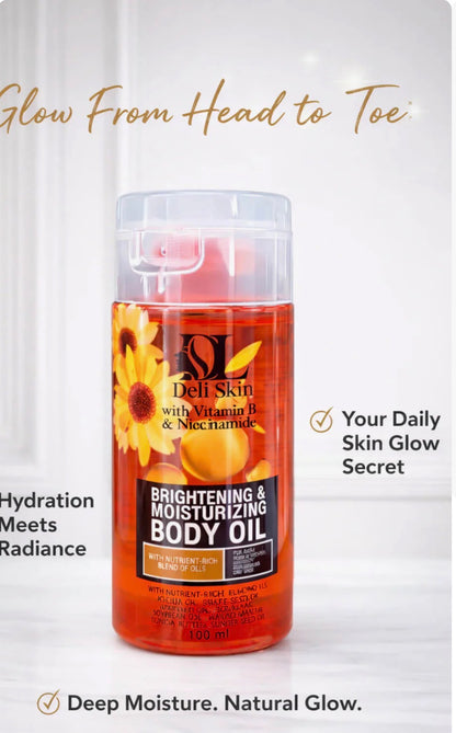 Deli Skin Brightening & Moisturizing Body Oil 100ml – with Vitamin E & Niacinamide, Lightweight Nourishing Body Oil for Smooth & Hydrated Skin