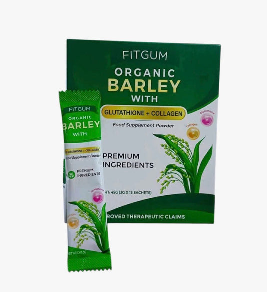 FitGum Organic Barley Powder Drink with Collagen & Glutathione – Daily Greens Supplement, 15 Sachets (3g Each), Premium Blend