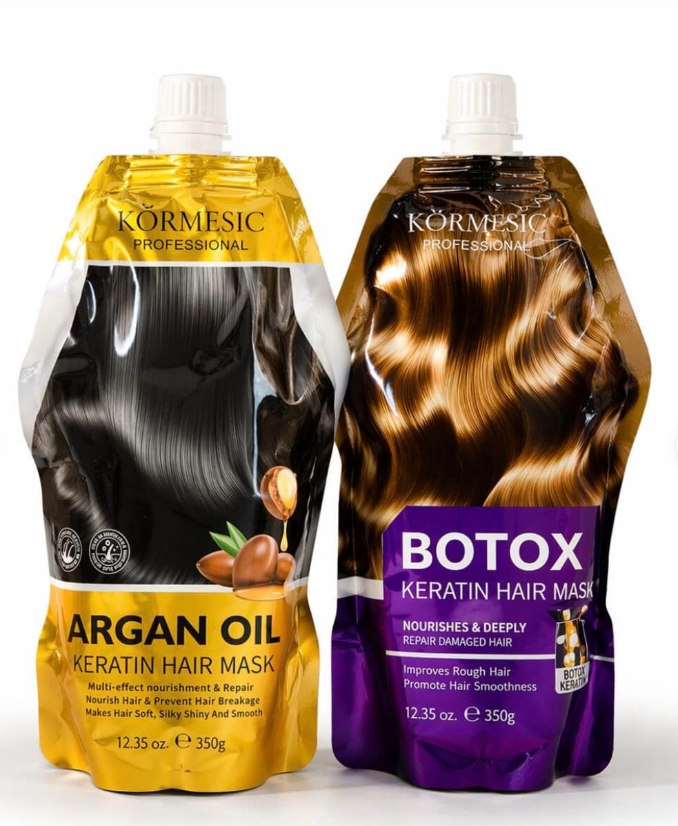 KORMESIC Professional Keratin Hair Mask Duo – Argan Oil & Botox Repair Treatment, Deep Nourishing Anti-Frizz Hair Care for Smooth, Shiny & Healthy-Looking Hair (350g x2)