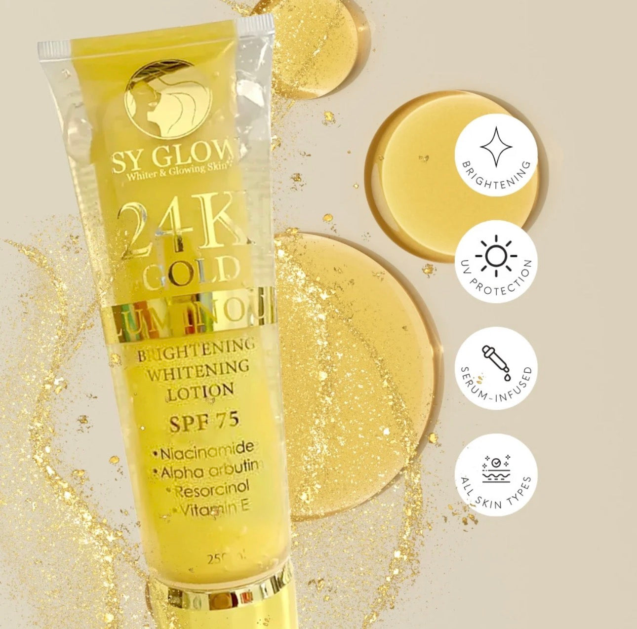 SY GLOW 24K GOLD LUMINOUS BRIGHTENING WHITENING LOTION SPF75 - 250ML