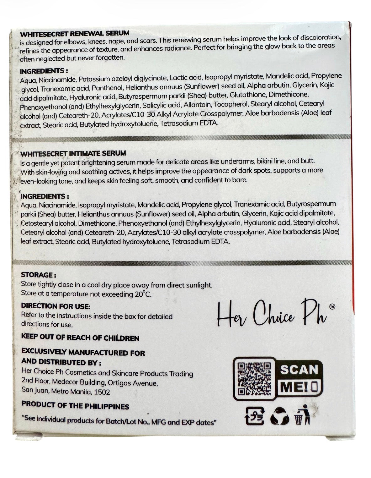 Her Choice PH White Secret Renewal & Intimate Serum 100ml – Skin Renewal & Smooth Texture Care Set for Target Areas |Lightweight Daily Serum System